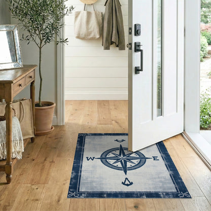 Blue Nautical Compass Washable Area Rug