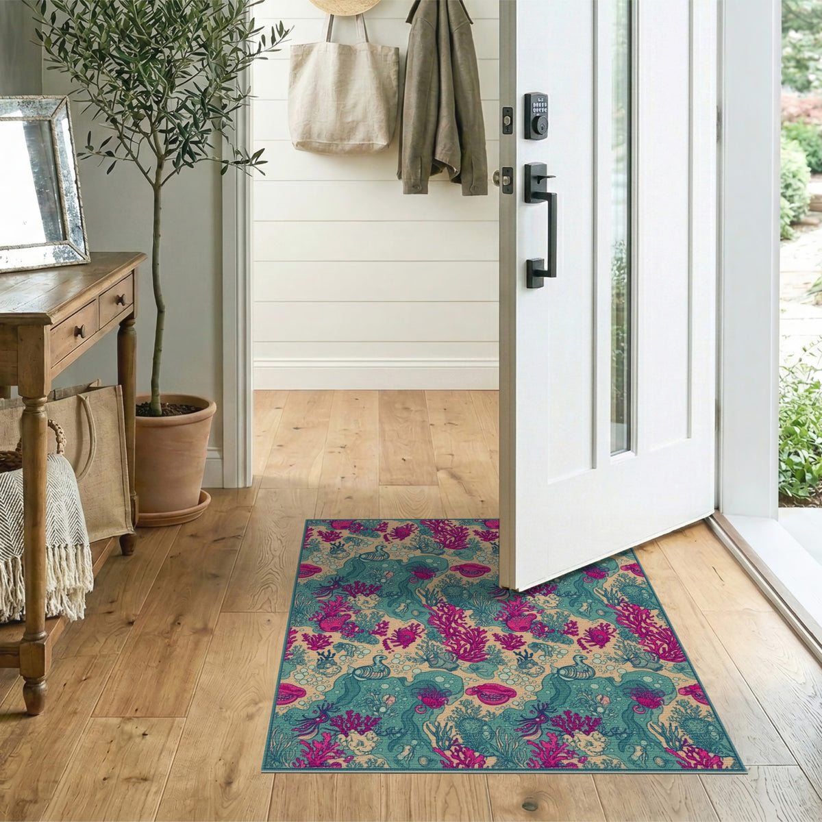 Pink Coral Teal Ocean Life Washable Area Rug