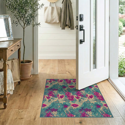 Pink Coral Teal Ocean Life Washable Area Rug