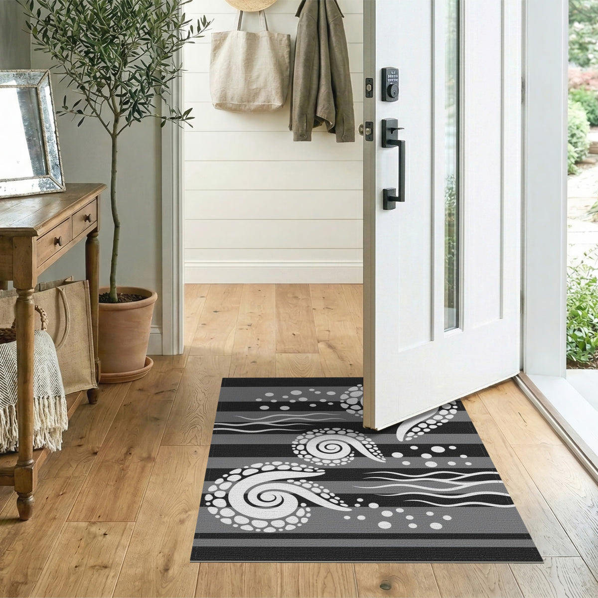 Black White Spiral Wave Area Rug