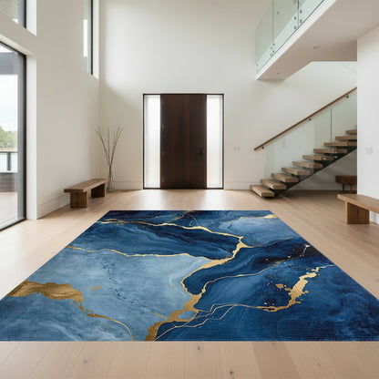 Navy Blue Gold Vein Swirl Rug