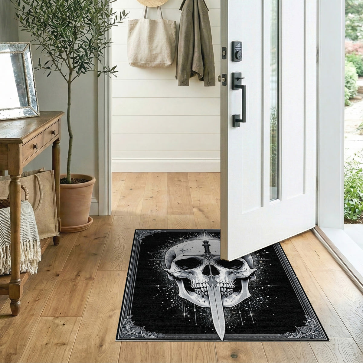 Gothic Skull Sword Black White Area Rug