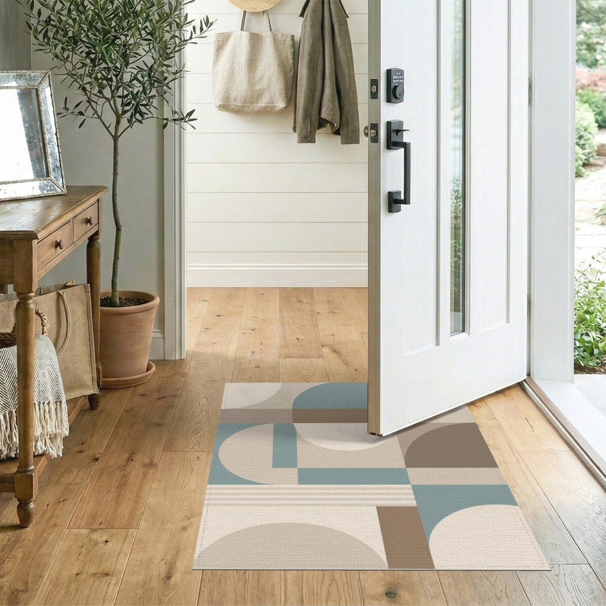 Geometric Beige Teal Modern Area Rug