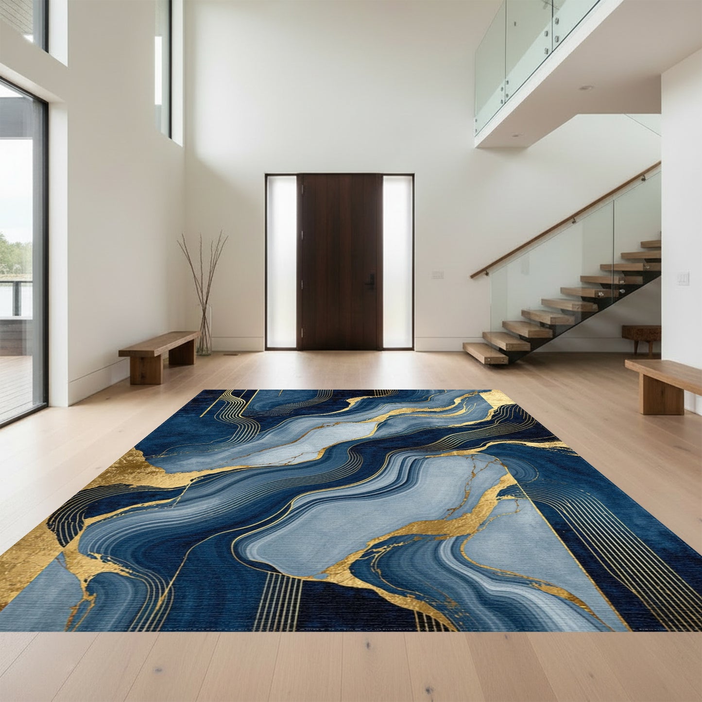 Navy Gold Fluid Wave Rug