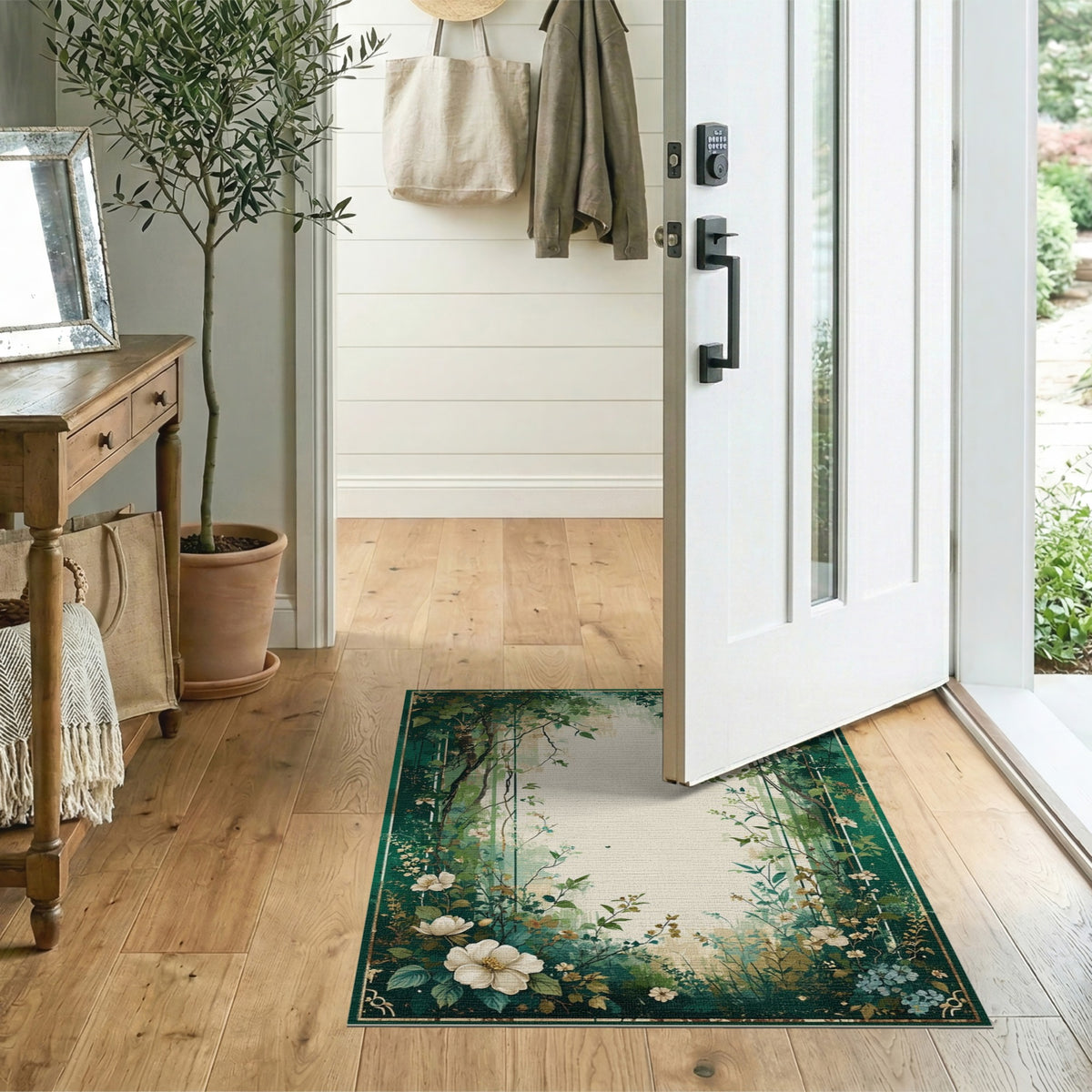 Green Floral Vintage Washable Floral Vintage Area Rug