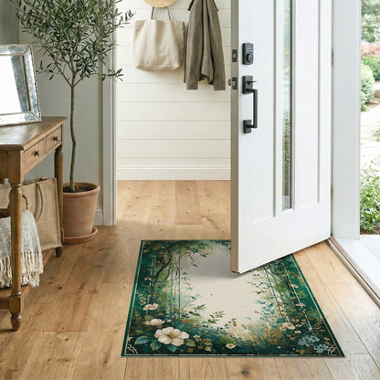Green Floral Vintage Washable Floral Vintage Area Rug