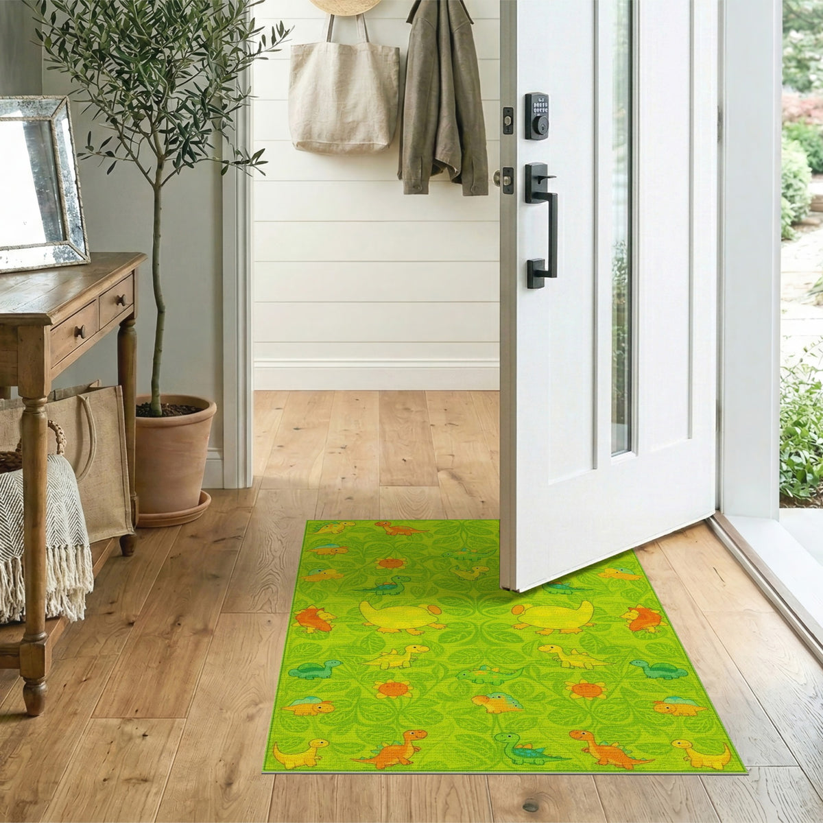 Green Dinosaur Kids Cartoon Washable Area Rug