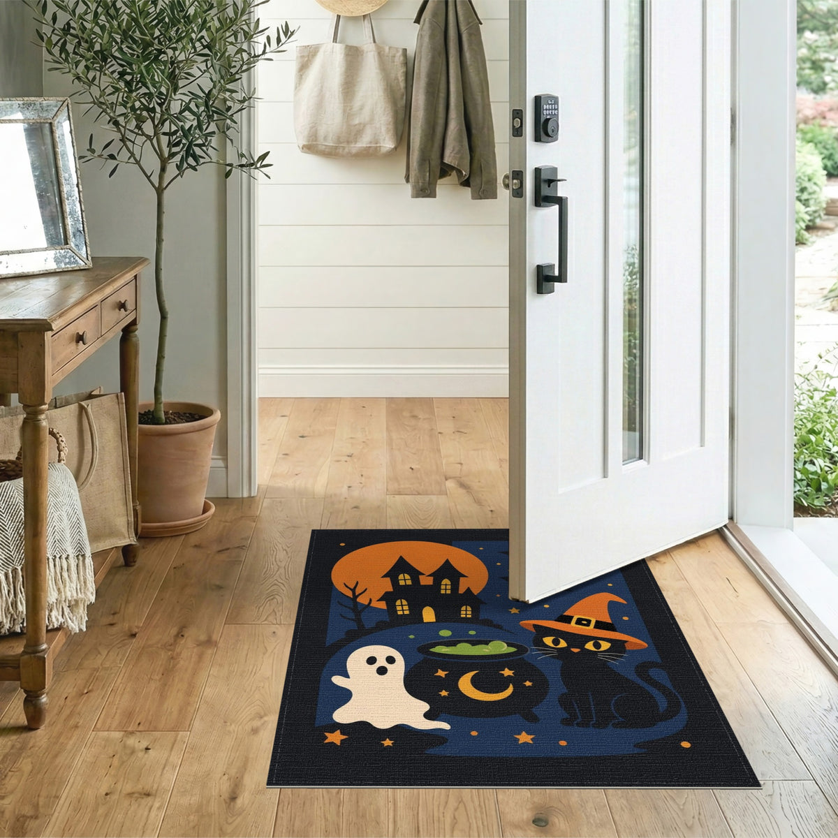 Spooky Halloween Witch Cat Area Rug