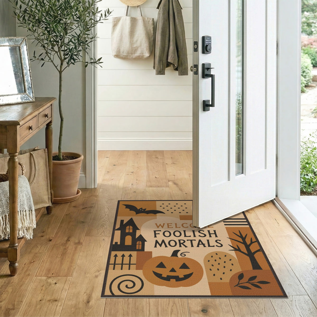 Orange Welcome Foolish Mortals Halloween Area Rug