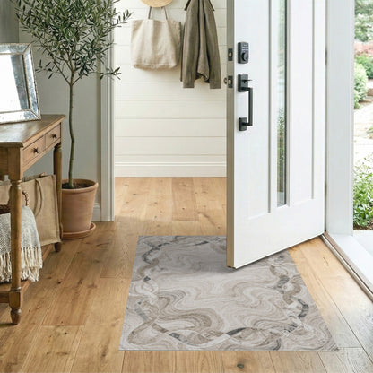 Beige Marble Swirl Wave Border Area Rug