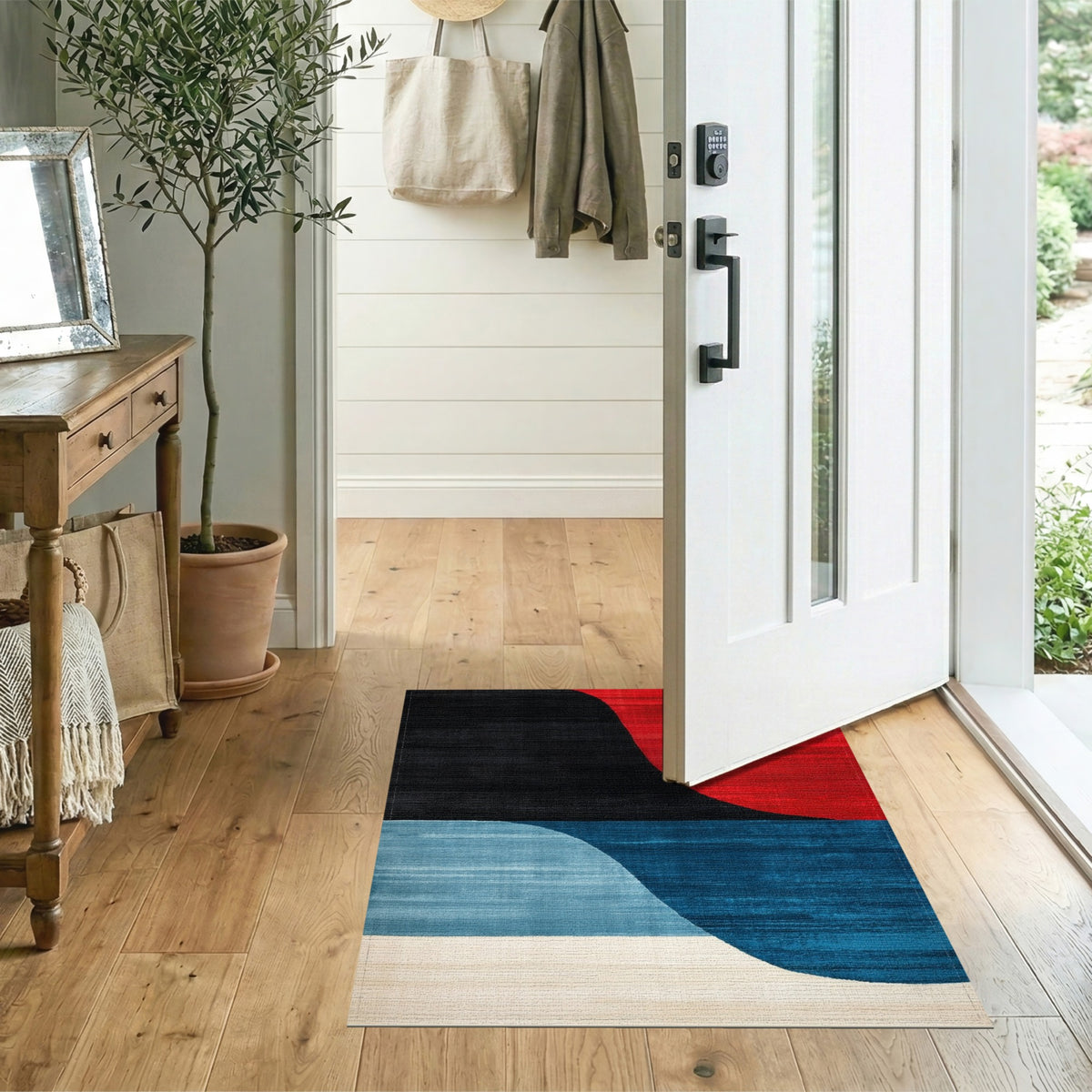 Bold Geometric Area Rug in Red Black Blue