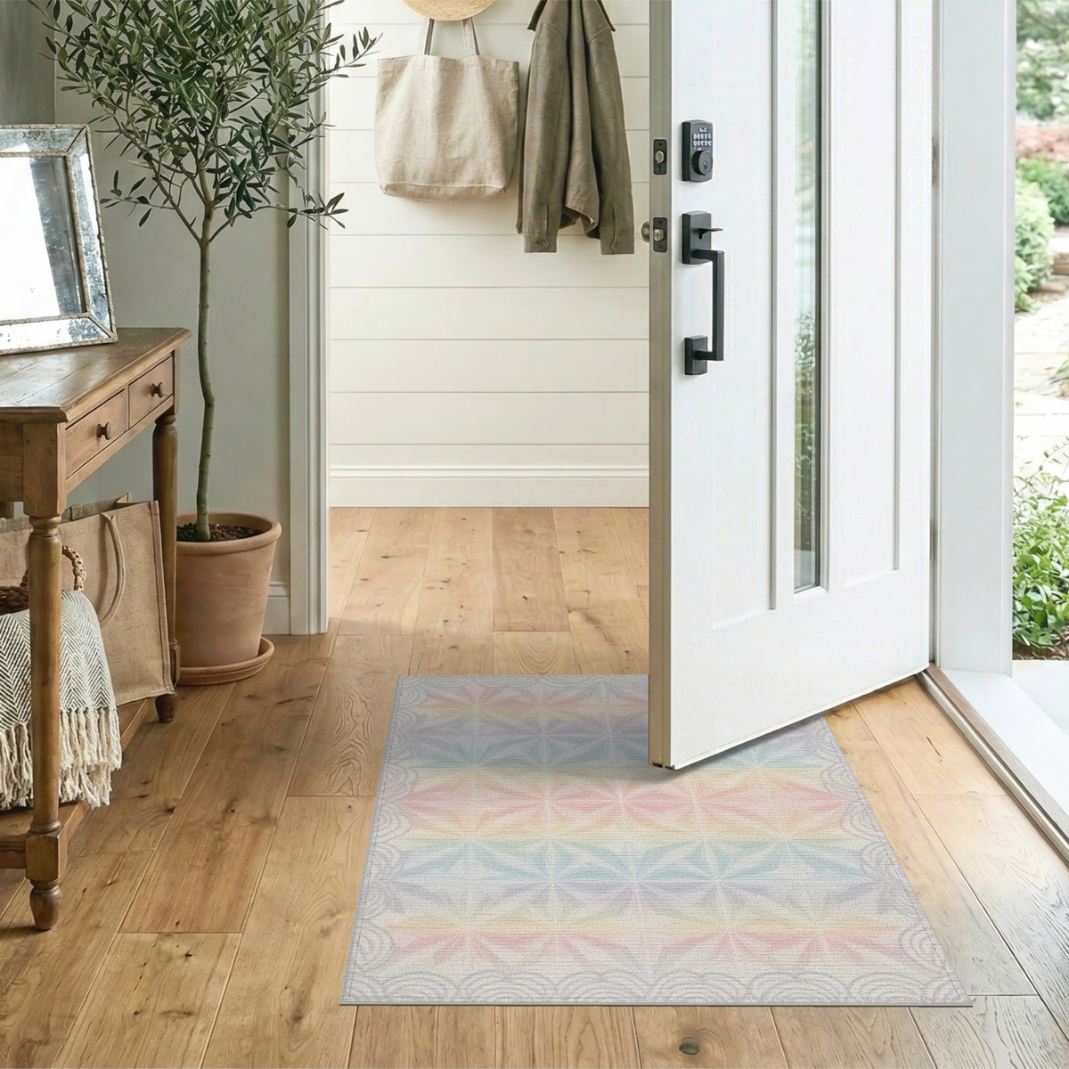 Pastel Rainbow Geometric Starburst Area Rug