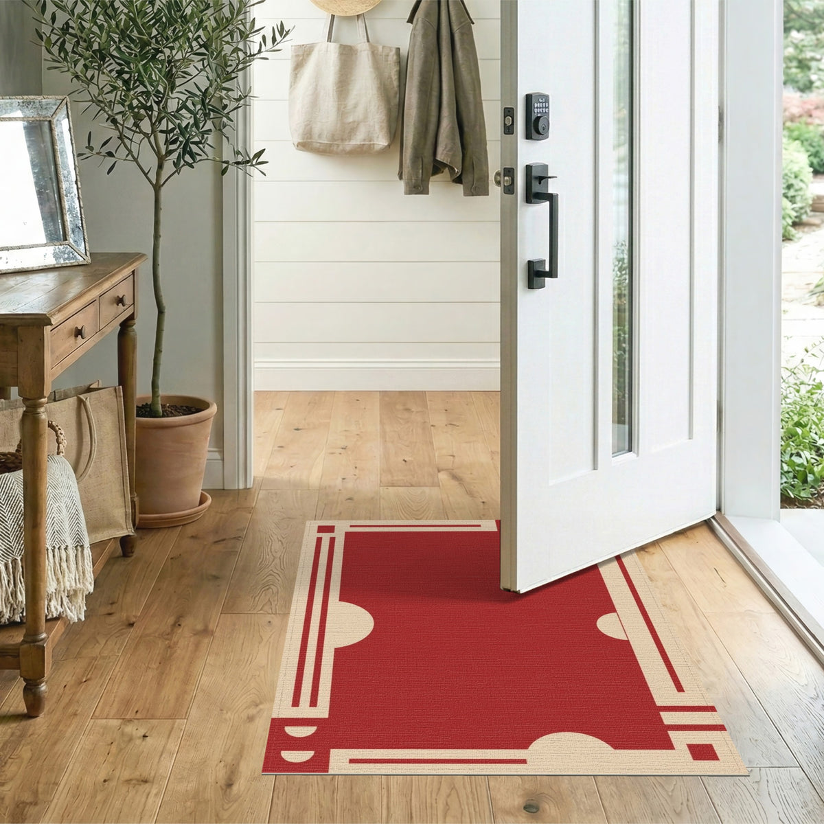 Red Geometric Area Rug with Cream Borders