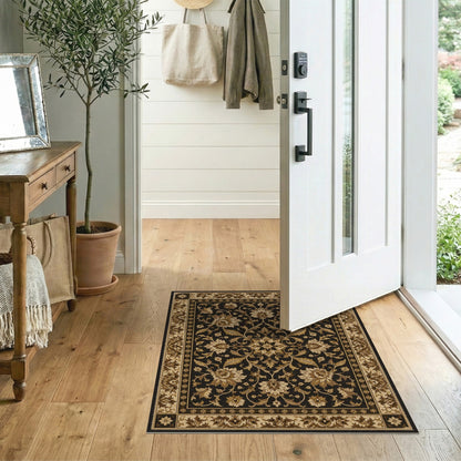 Beige and Neutral Black Floral Vintage Area Rug