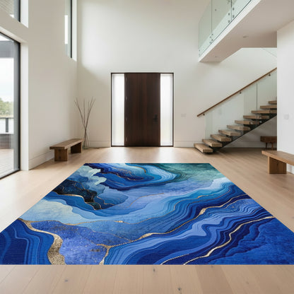 Teal Navy Gold Fluid Wave Rug