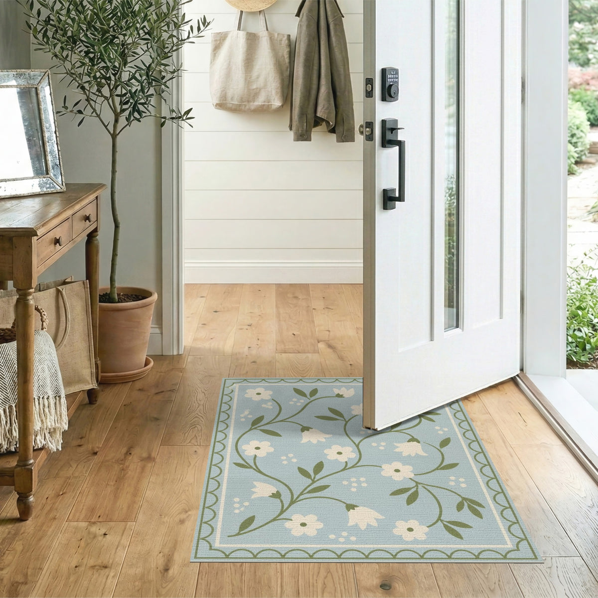 Blue Floral Scalloped Vintage Rug