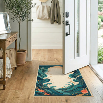 Teal Wave Coastal Floral Area Rug