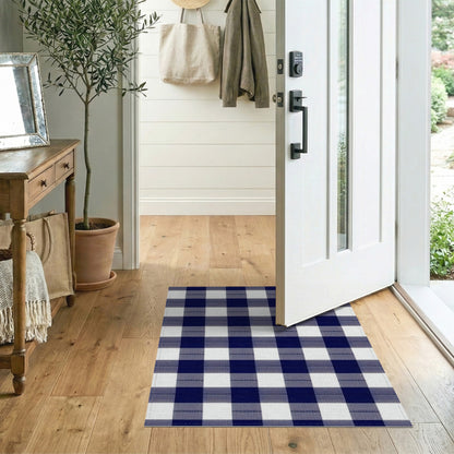 Washable Blue and Teal Navy Blue Checkered Washable Area Rug