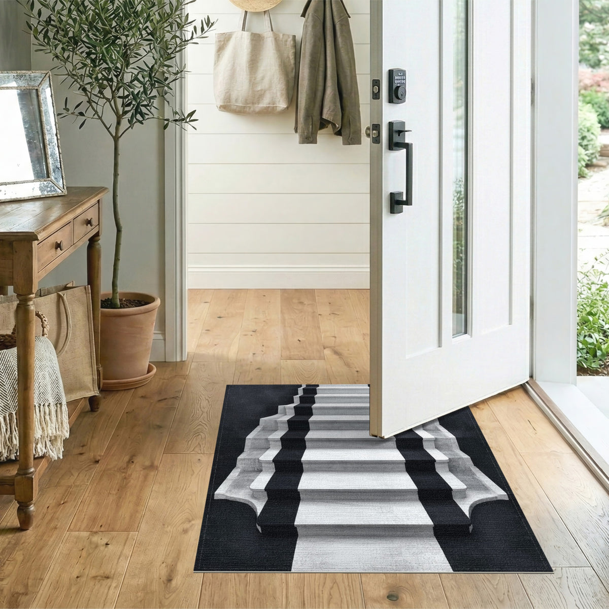 Black White Geometric Staircase Area Rug
