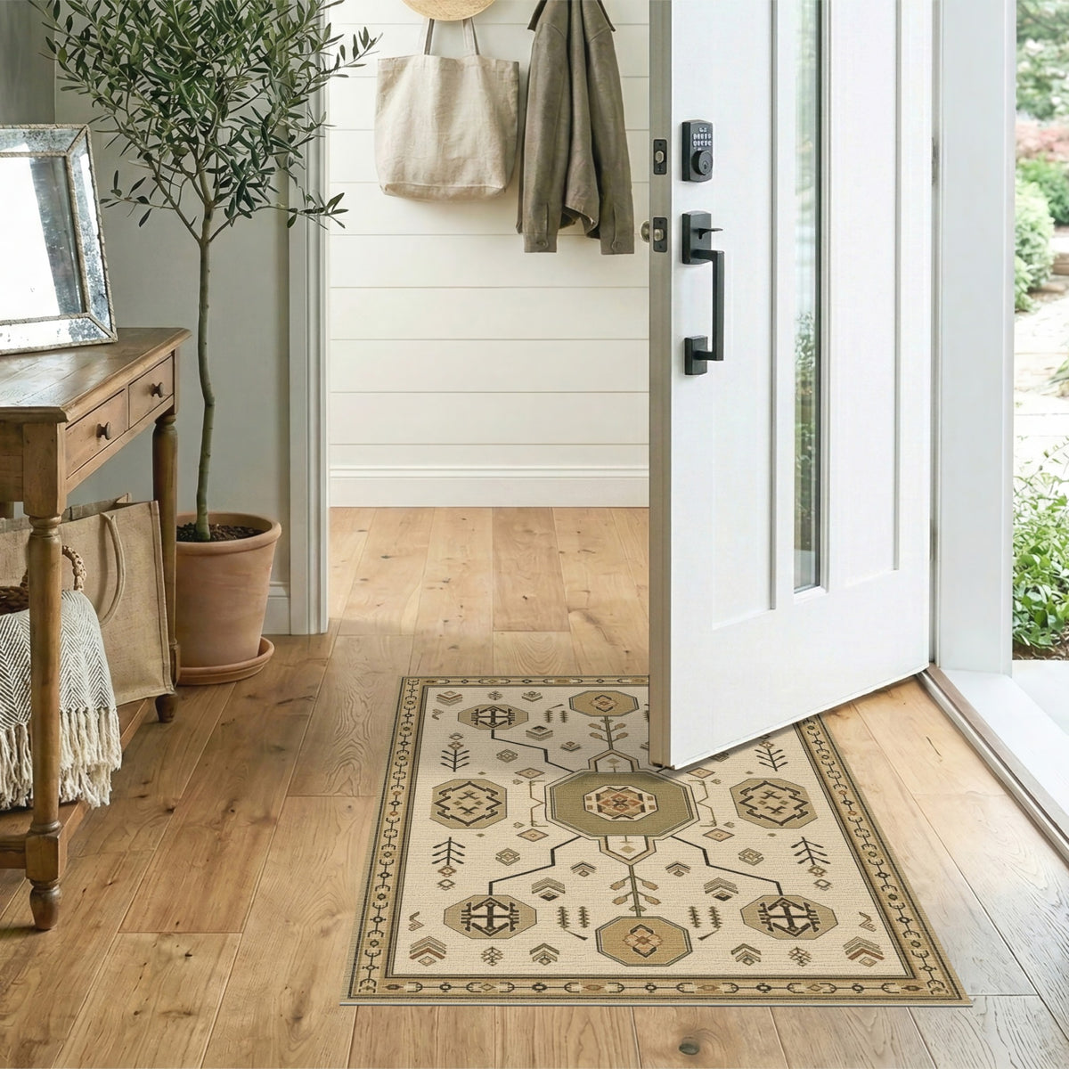 Southwestern Geometric Octagon Area Rug in Brown Tan