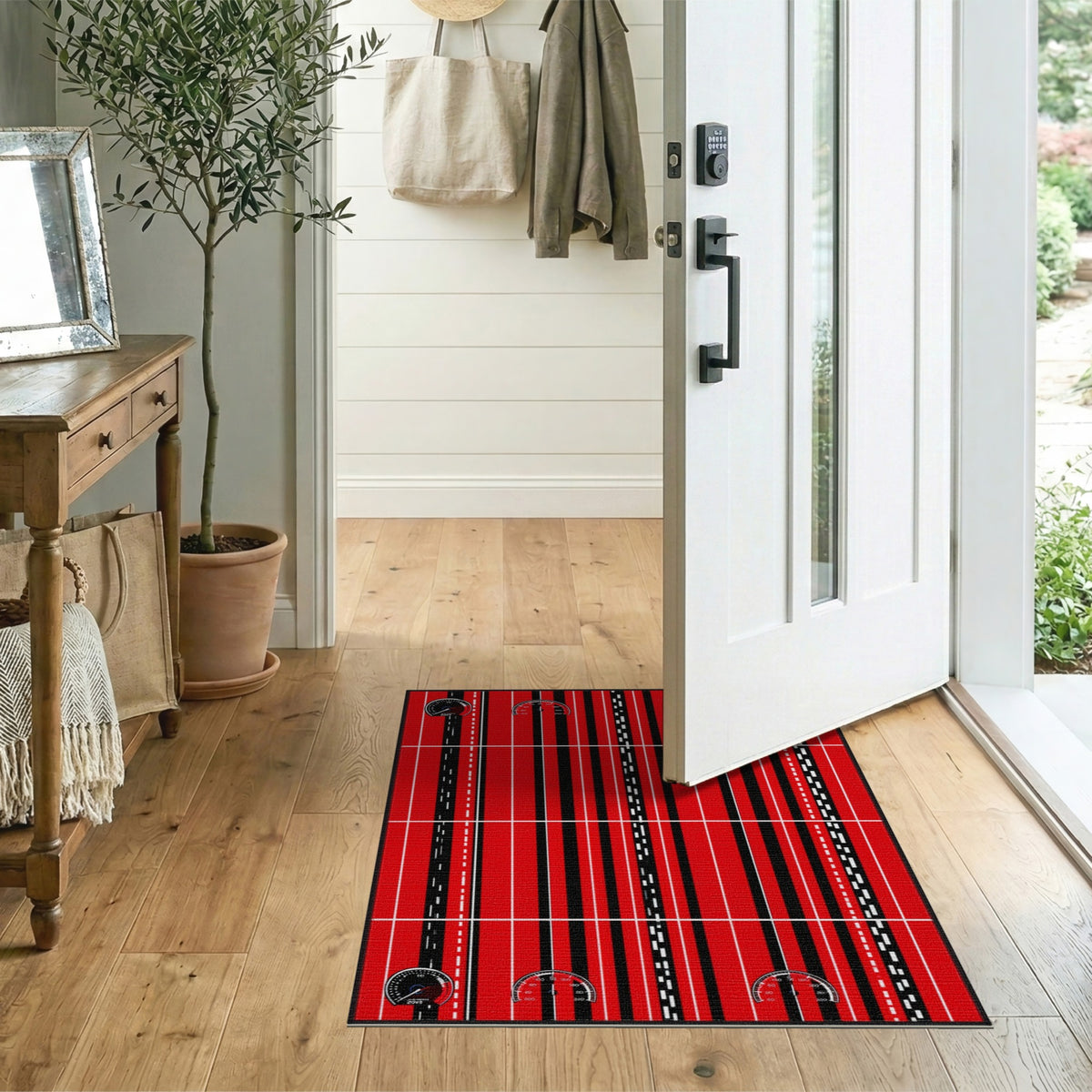 Red Speedometer Racing Stripe Area Rug
