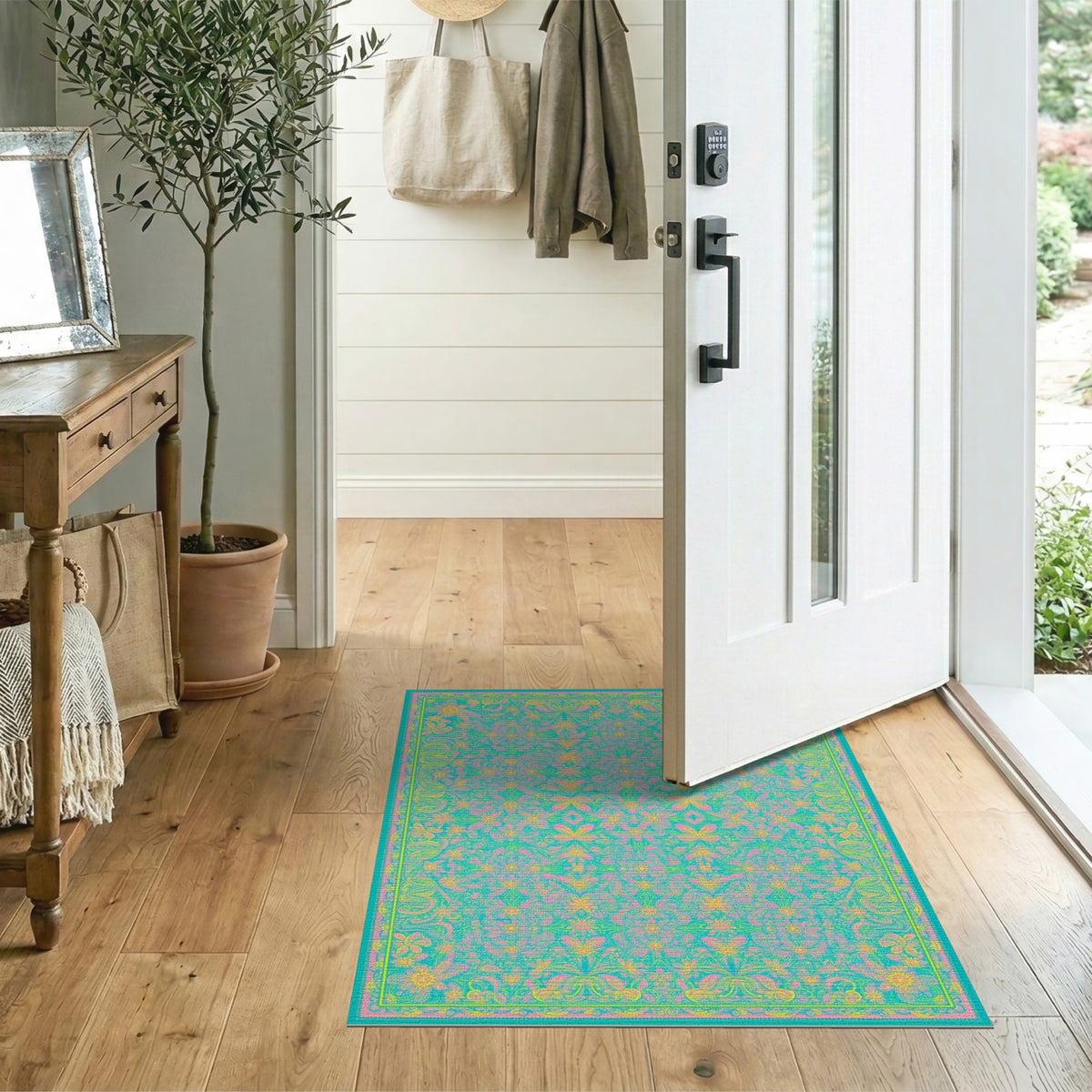 Vibrant Teal Floral Vintage Area Rug