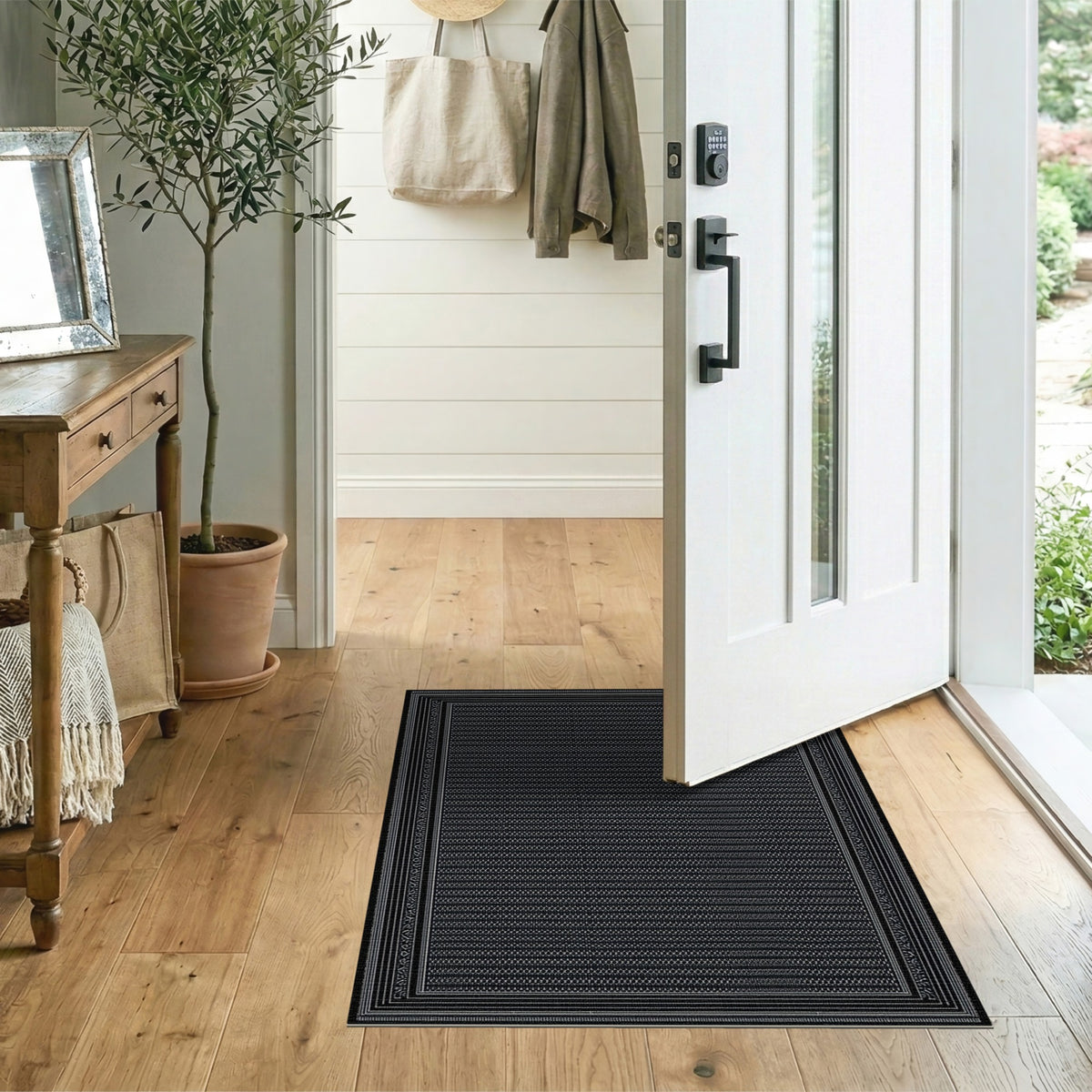 Black White Ornate Border Area Rug