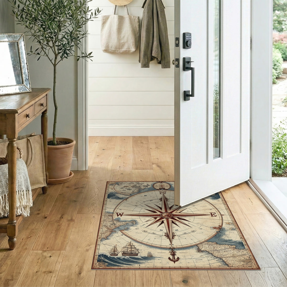 Brown and Tan Vintage Compass Map Area Rug
