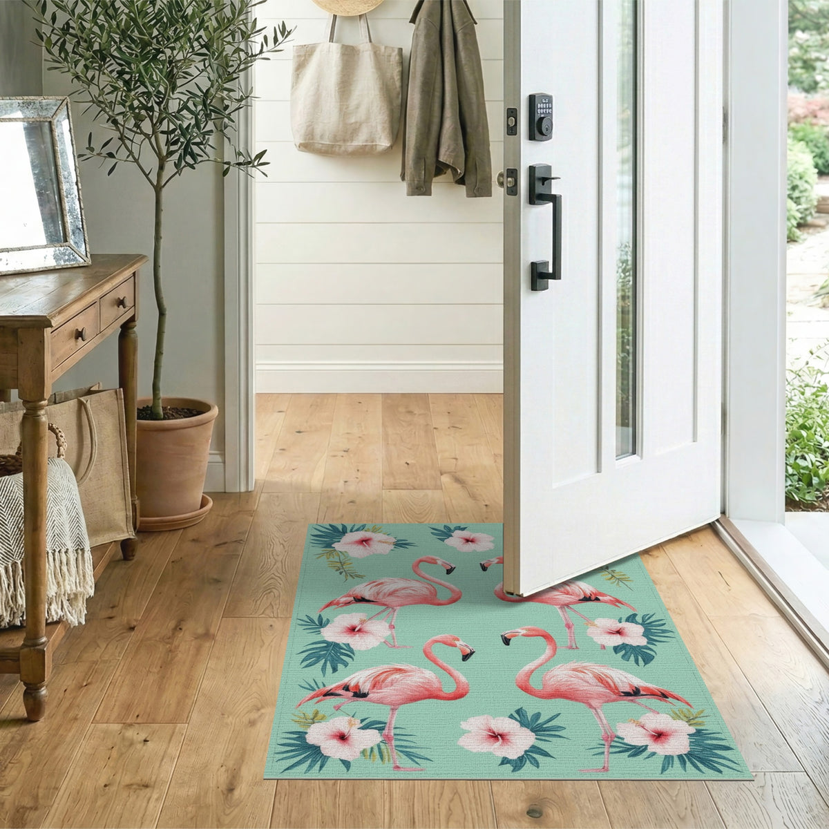 Floral Vintage Pink Flamingo Floral Washable Area Rug
