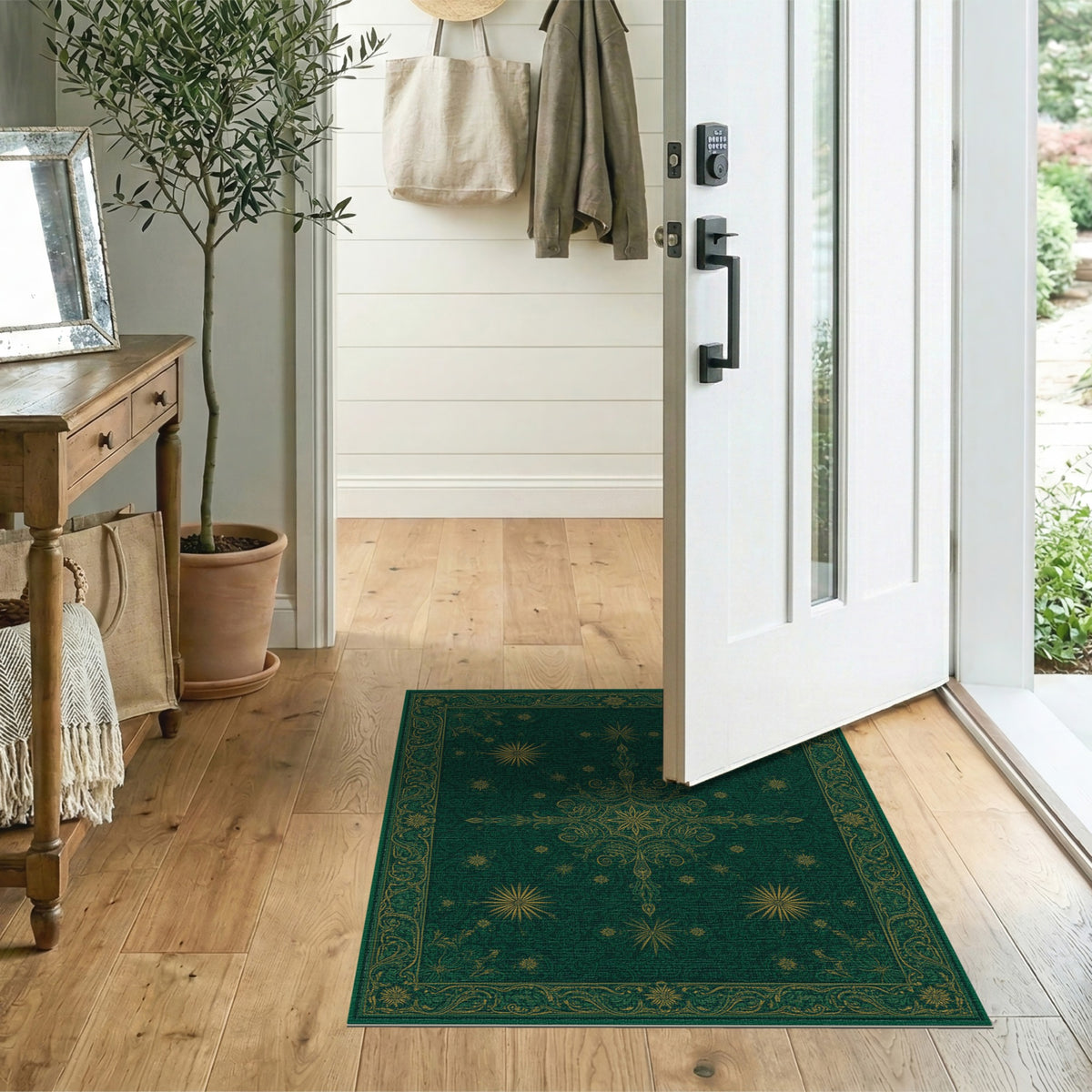 Green Persian Rug with Gold Starburst Motifs