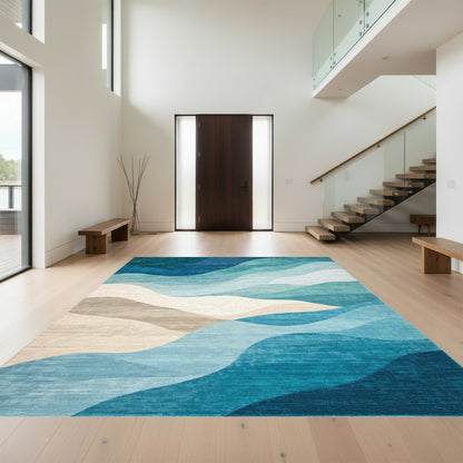 Teal Blue Layered Waves Rug