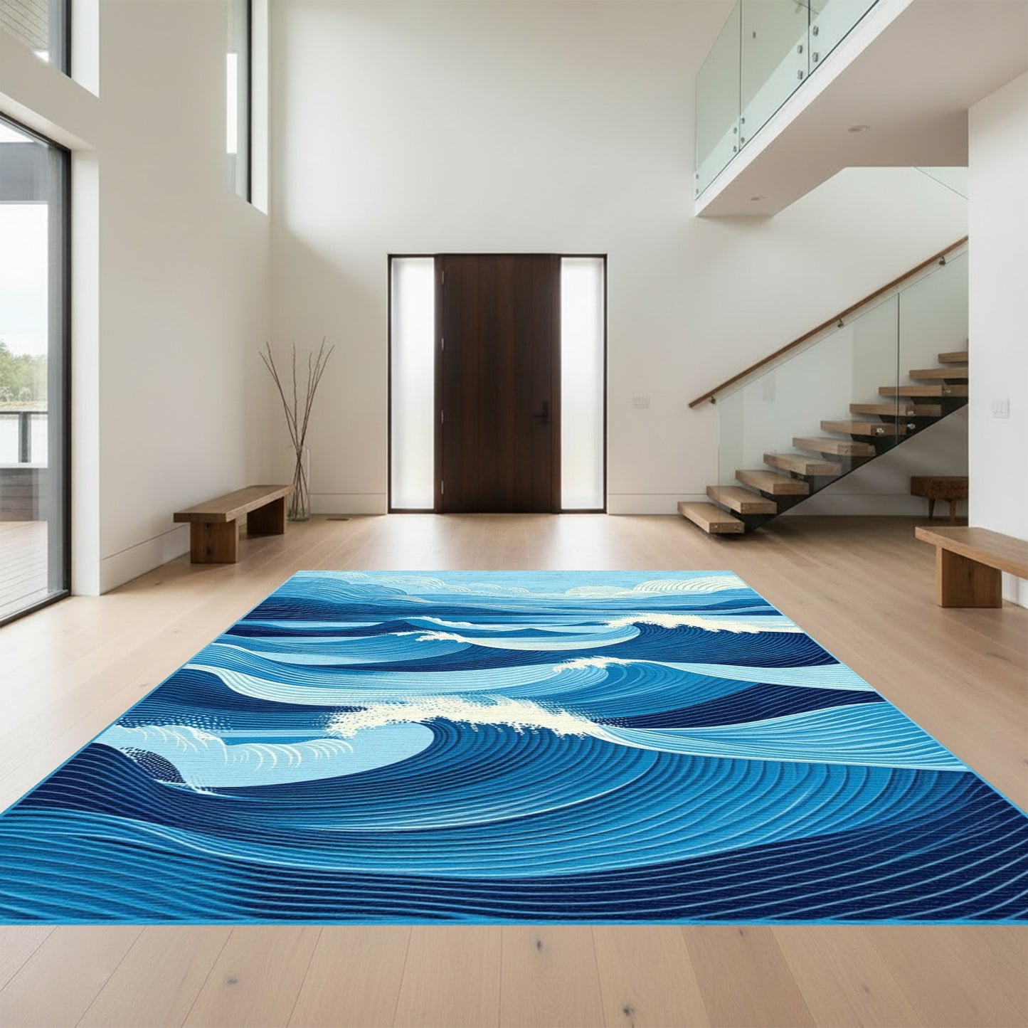 Blue Contoured Waves Clouds Rug