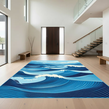 Blue Contoured Waves Clouds Rug