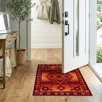 Southwestern Red Geometric Area Rug with Floral Border