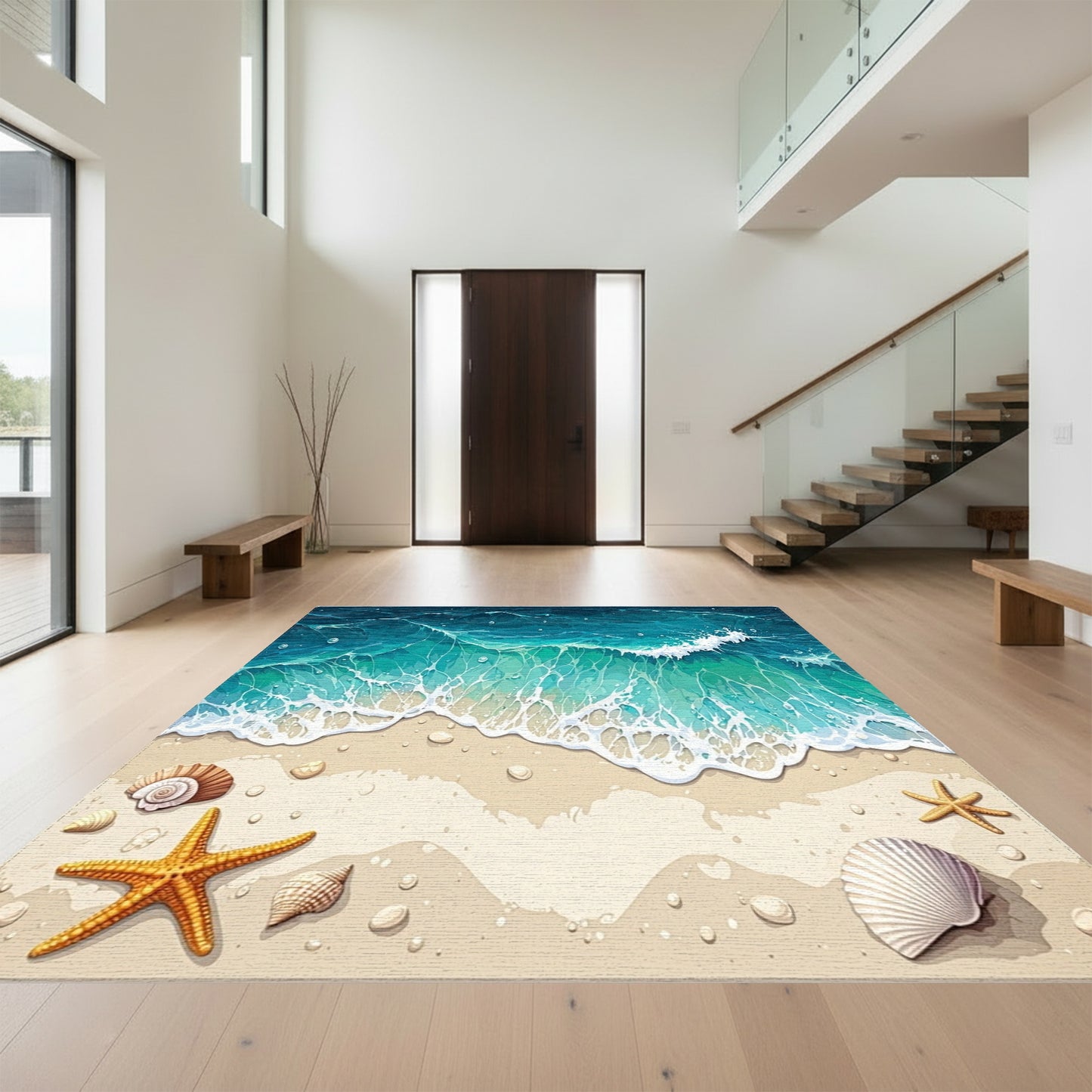 Teal Waves Sandy Beach Seashells Starfish Rug