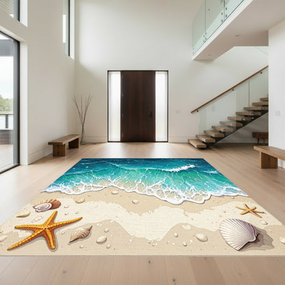 Teal Waves Sandy Beach Seashells Starfish Rug