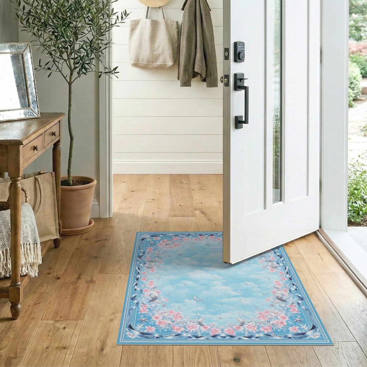 Blue Floral Moon Stars Washable Area Rug