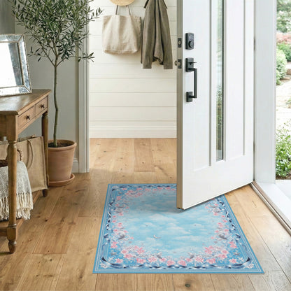 Blue Floral Moon Stars Washable Area Rug