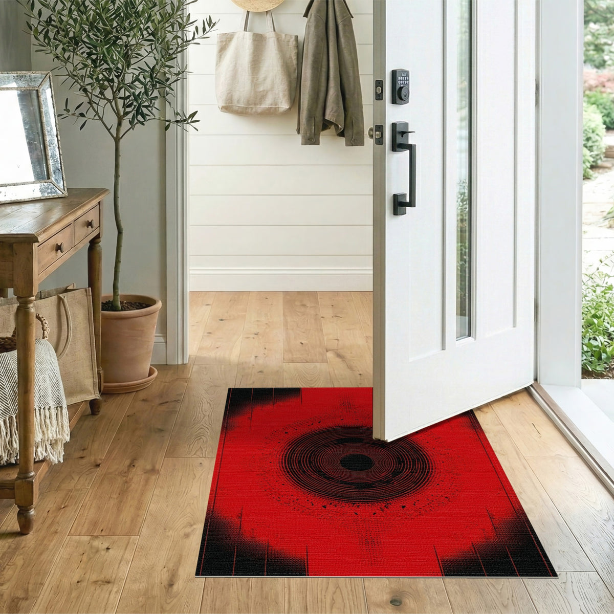 Red Concentric Circle Geometric Area Rug