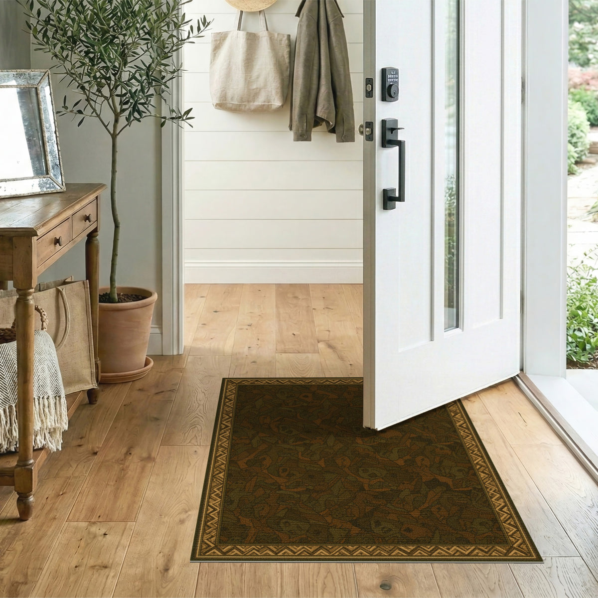 Brown Tribal Area Rug with Zigzag Border