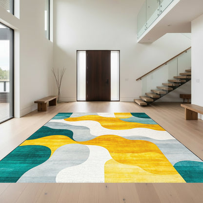 Teal Yellow Gray Wavy Organic Rug