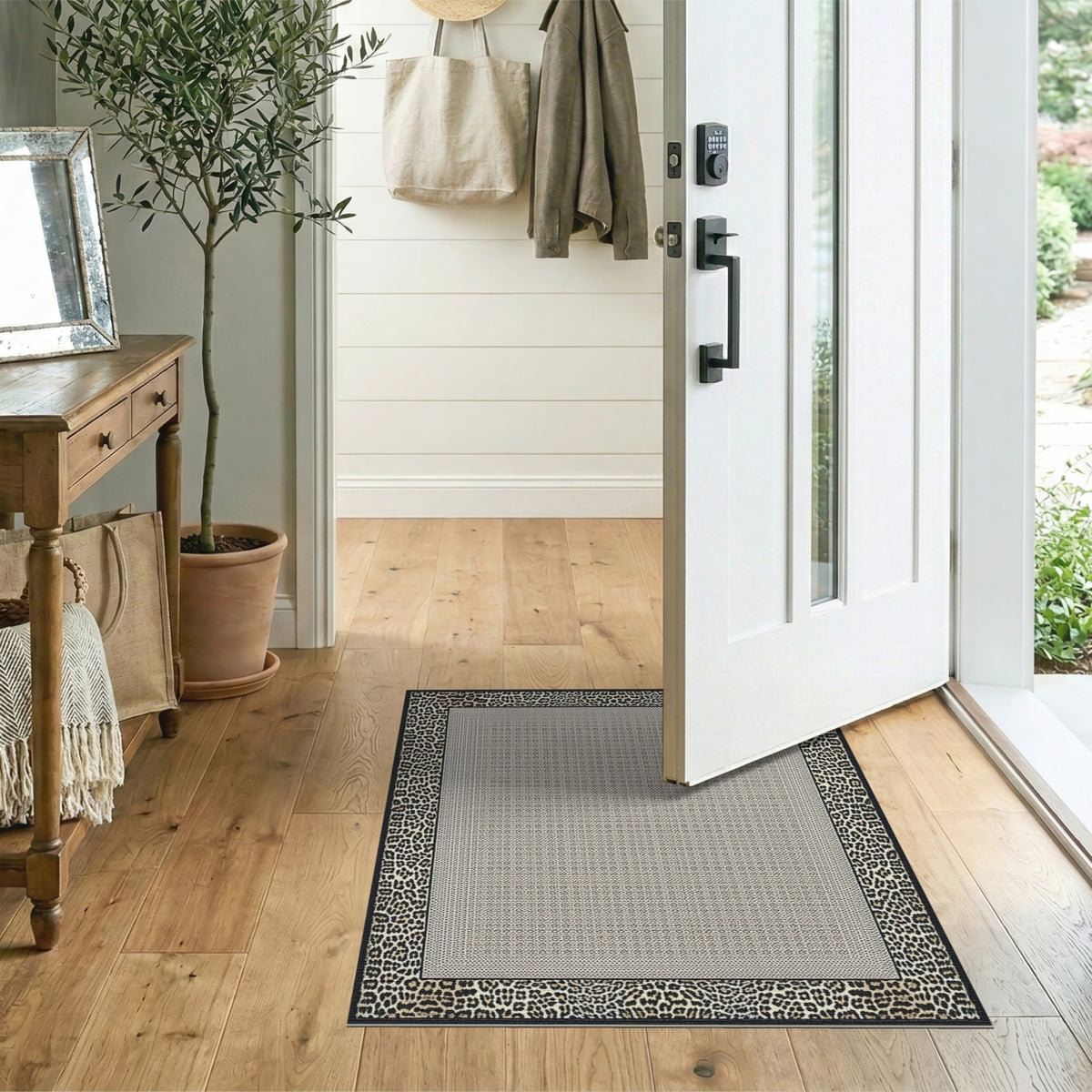 Leopard Border Neutral Geometric Area Rug