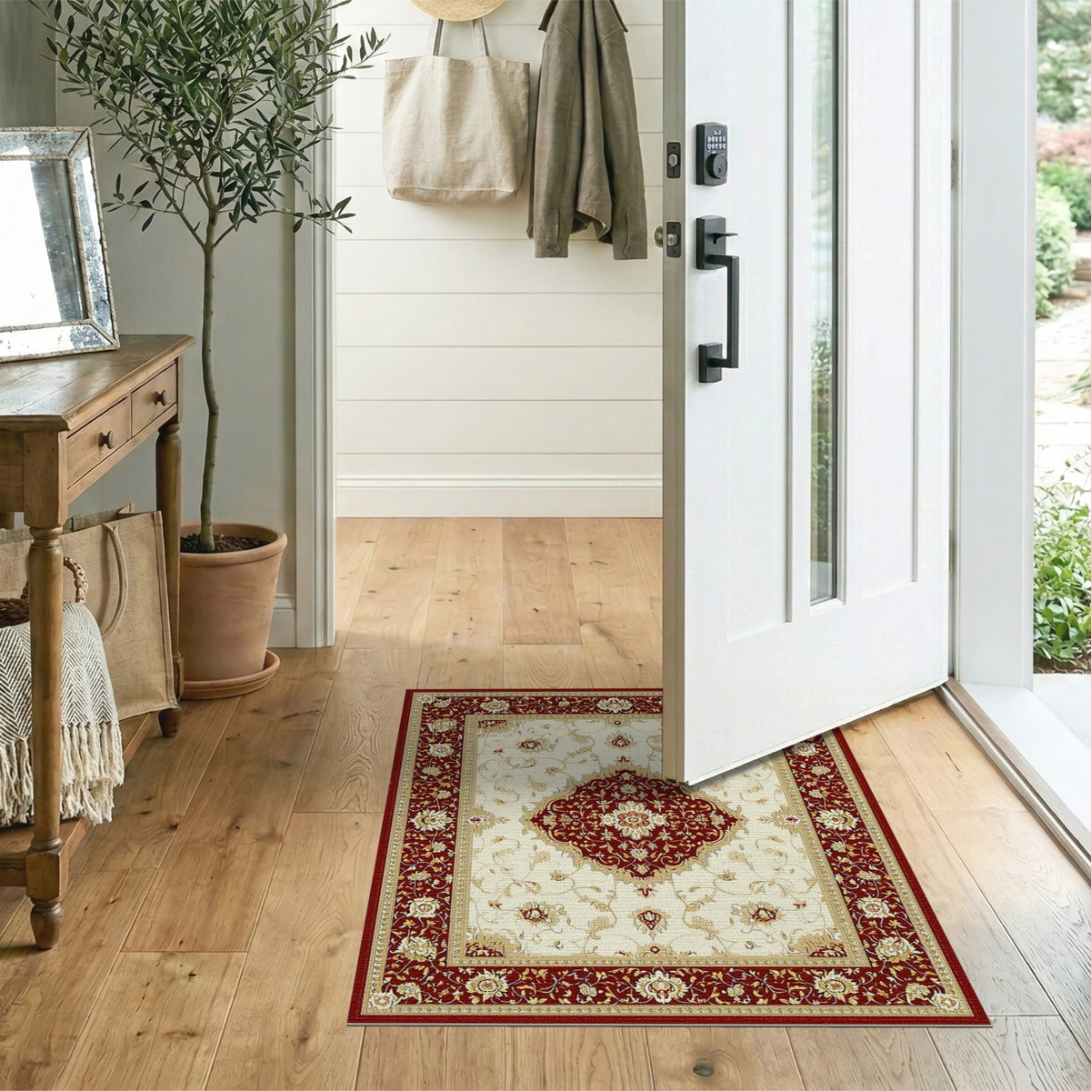 Red Persian Floral Area Rug with Ivory Center