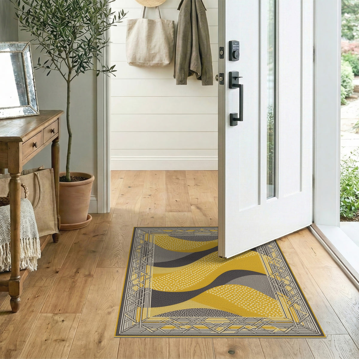 Geometric Modern Yellow Geometric Wave Area Rug