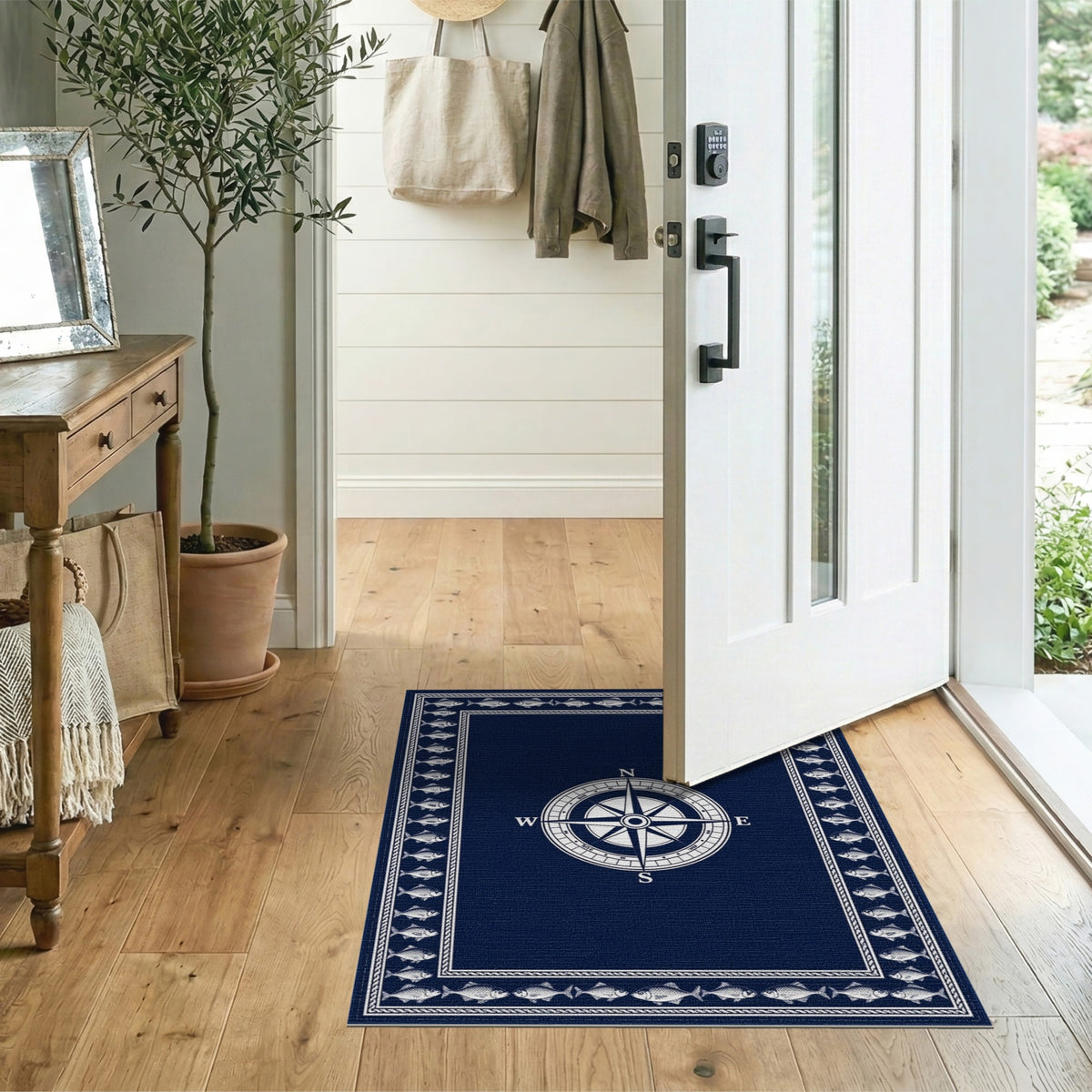 Navy Compass Fish Coastal Area Rug