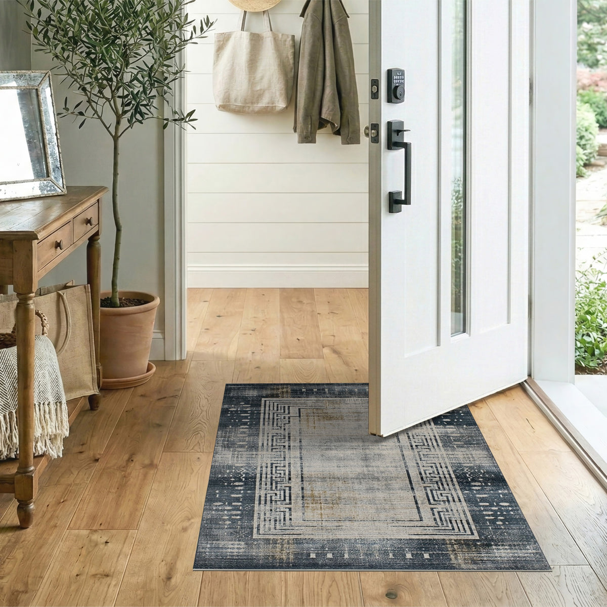 Grey Distressed Vintage Area Rug with Greek Key Border