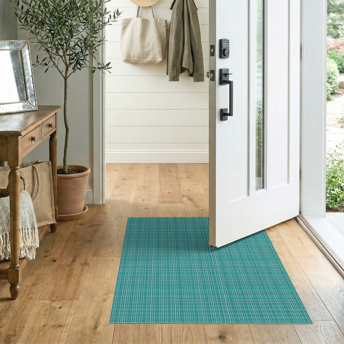 Teal Geometric Grid Washable Area Rug