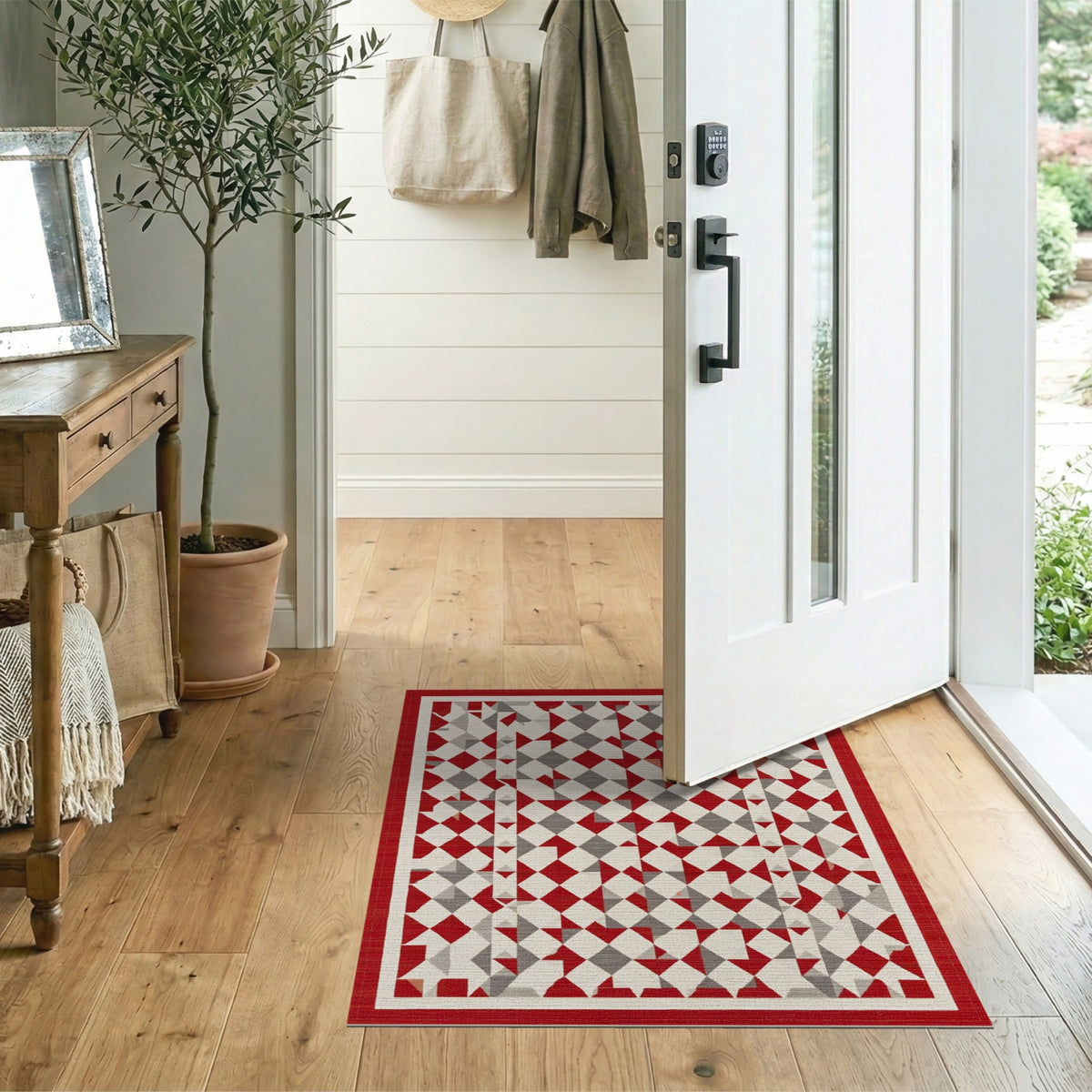 Red Grey Geometric Diamond Area Rug