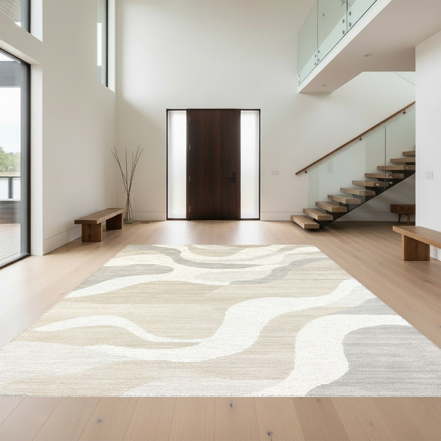 Beige Gray Abstract Waves Rug