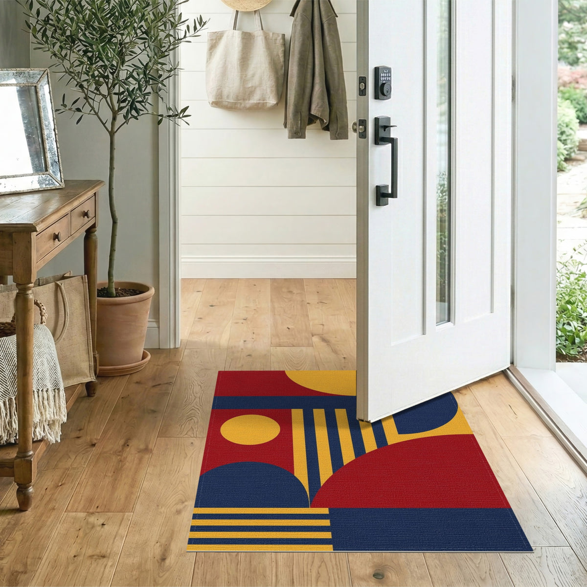 Bold Geometric Red Blue Yellow Area Rug